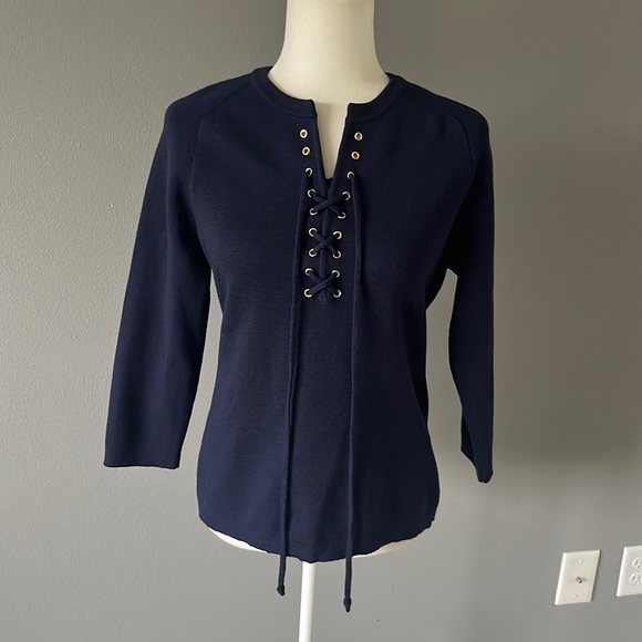 Barney's Navy Blue Merino Wool Lace Up Front Sweater - Picture 1 of 11